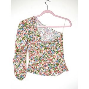 Zara One Shoulder Puff Sleeve Floral Print Poplin Blouse Size XS